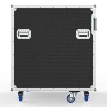 Front view of the closed case featuring the glossy exterior, solid wheels, and clean panel finish.