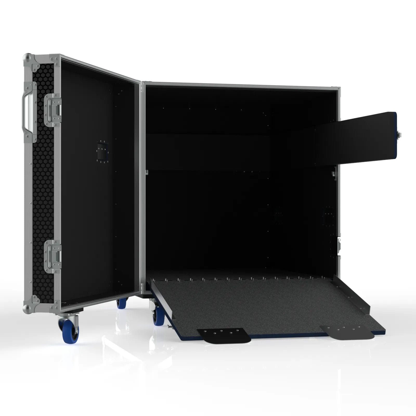 FOL-ADMS-TP-P229-OP-ISOMETRIC FUNCTIONAL VIEW-SW SW functional angle highlighting the open cavity, wheel-equipped lid, and ramp for front loading.