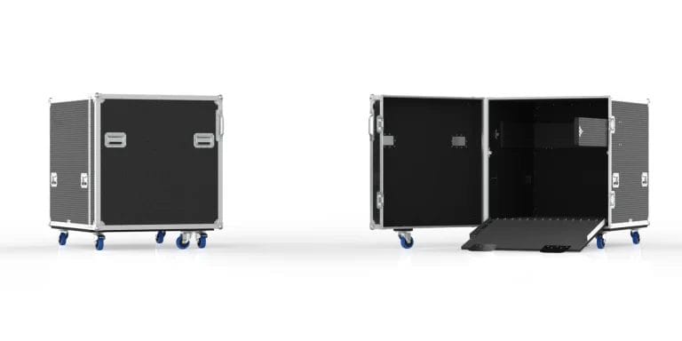 Wide-angle shot displaying both open and closed cases together, illustrating interior capacity, exterior build, and overall footprint.