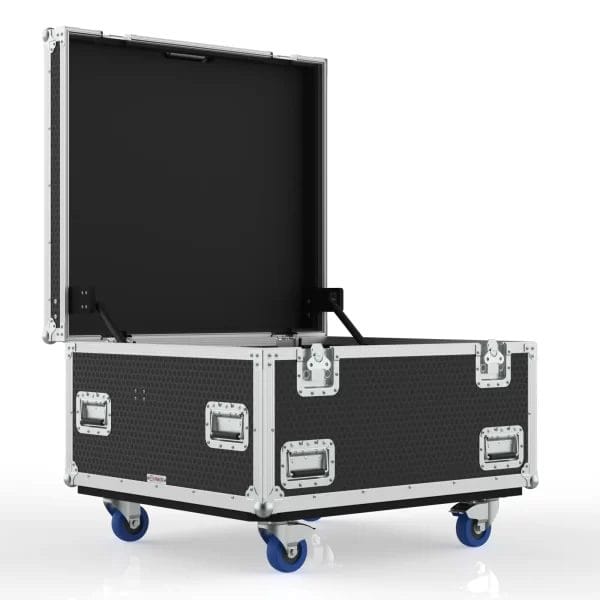Southwest isometric angle of the open case highlighting the foam‑lined interior and accessible storage section.