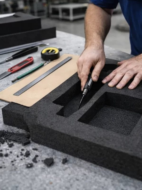 Manual foam cutting process refining custom inserts for professional road and flight cases