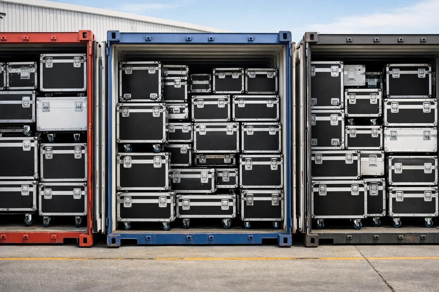 Road cases being loaded in containers