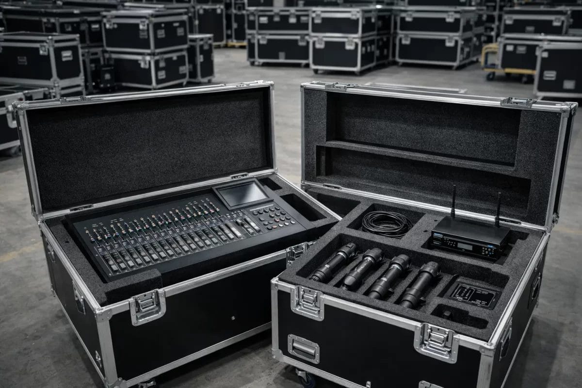 Professional flight cases with custom foam compartments for audio mixing console and wireless microphone systems