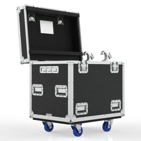 Functional interior view showing foam‑lined compartments designed to secure two GLP JDC2‑IP fixtures.