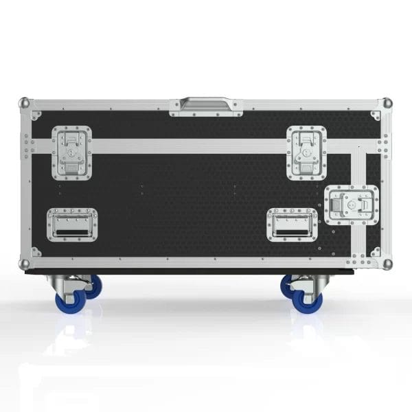 Front view of the transport case showing hinged lids and internal layout for long LED battens