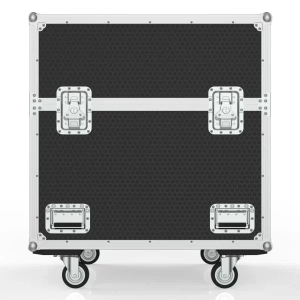 Front view of the closed road case for ten LED frames, showing exterior panels, latches, and reinforced hardware.