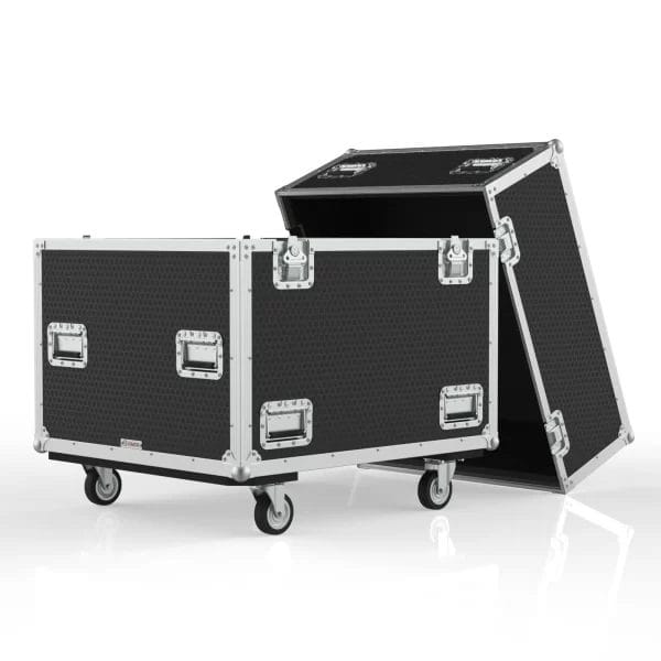 Southwest functional isometric view showing the open case with EVA‑lined dividers forming ten LED frame slots.