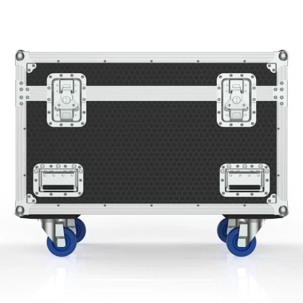 Front view of the closed road case for four LED strobe wash fixtures, showing exterior panels, latches, and reinforced hardware.