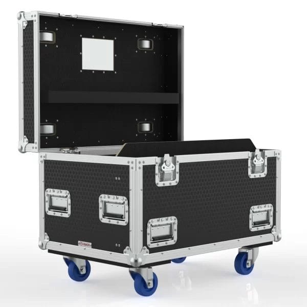 Southwest functional isometric view showing the open case with foam‑lined compartments and accessory storage area.