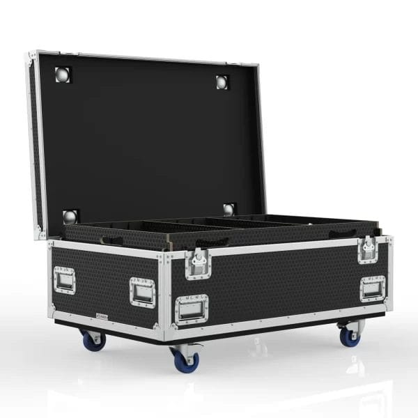 Southwest functional isometric view showing the open case with interior basket, dividers, and foam‑lined compartments.