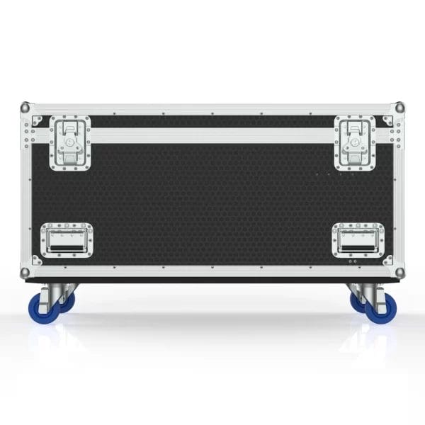 Front view of the closed road case for three long LED battens, showing exterior panels, latches, and reinforced hardware.