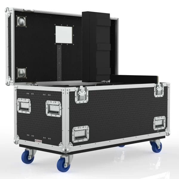 Southwest functional isometric view showing the open case with foam‑lined compartments and accessory storage area.