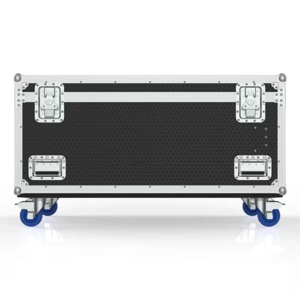 Front view of the closed road case for four long LED battens, showing exterior panels, latches, and reinforced hardware.