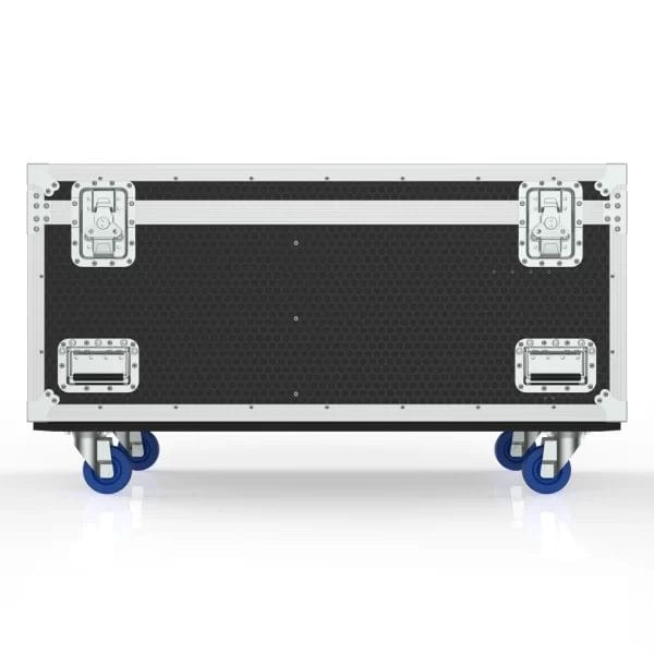 Front view of the closed road case designed for eight long LED battens, showing exterior panels, latches, and hardware.