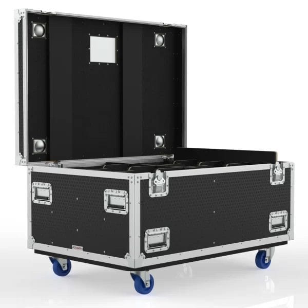 Southwest functional isometric view showing the open case with foam‑lined compartments and accessory storage area.