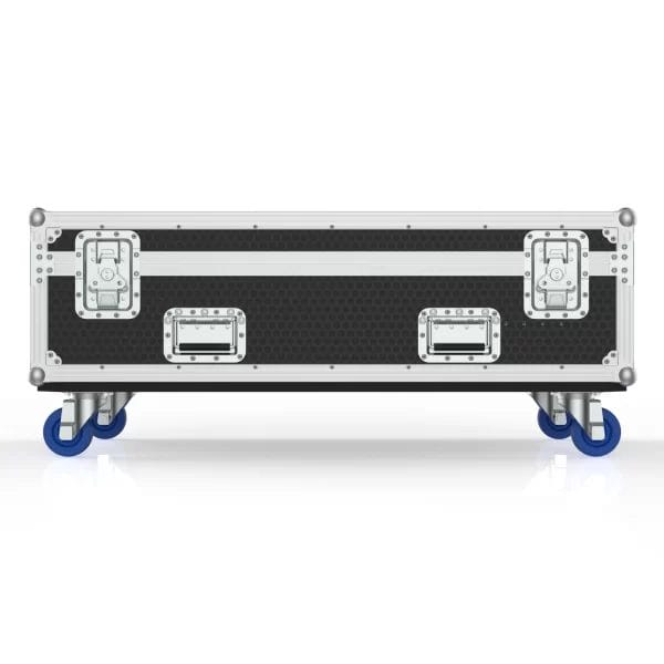 Front view of the closed road case for four LED battens, showing exterior panels, latches, and reinforced hardware.