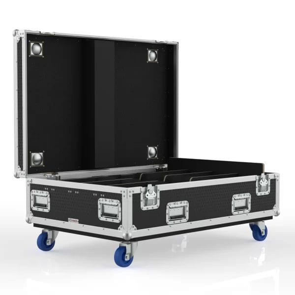 Southwest functional isometric view showing the open case with foam‑lined compartments and accessory storage area.