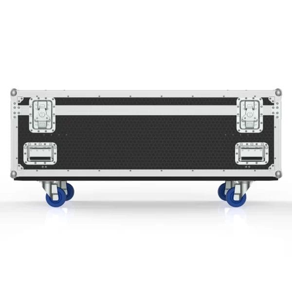 Front view of the closed road case for four long LED battens, showing exterior panels, latches, and reinforced hardware.