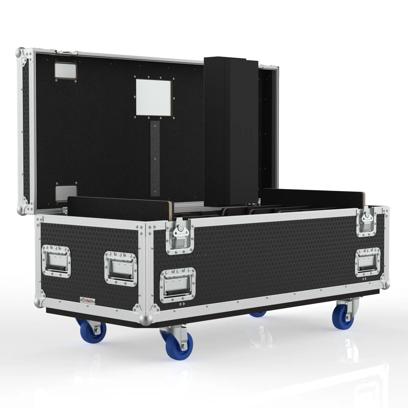 LXBAR-GLP-IX4B20-ISOMETRIC FUNCTIONAL VIEW-SW Southwest functional isometric view showing the open case with foam‑lined compartments and accessory storage areas.