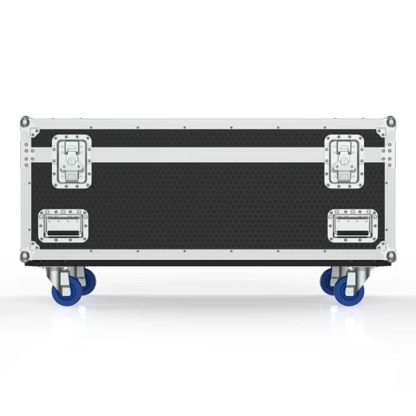 Front view of the closed road case for twelve GLP FR1 fixtures, showing latches, panels, and reinforced hardware.