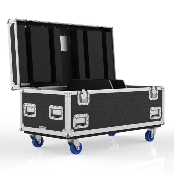 Southwest functional isometric view showing the open case with foam‑lined compartments and central accessory space.