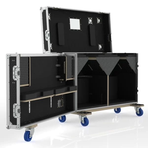 Southwest functional isometric view showing the open case with front and top lids open and padded interior.