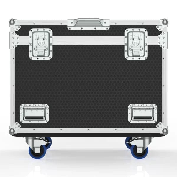 Front view of the closed road case for two Rogue R3 Beam fixtures showing latches, panels, and reinforced hardware.