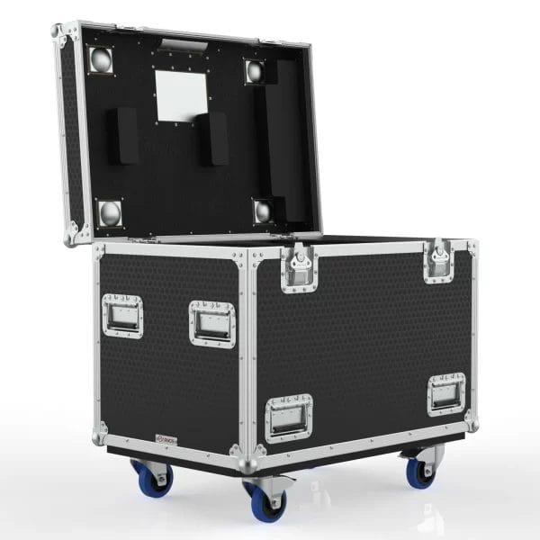Southwest functional isometric view showing the open case with foam‑lined compartments and accessory storage area.