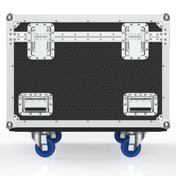 Front view of the closed road case for twelve Ovation F‑55WW fixtures showing latches, panels, and reinforced hardware.