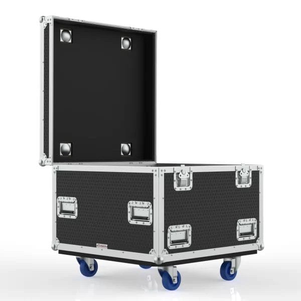 Southwest functional isometric view showing the open case with foam‑lined compartments and rear accessory space.