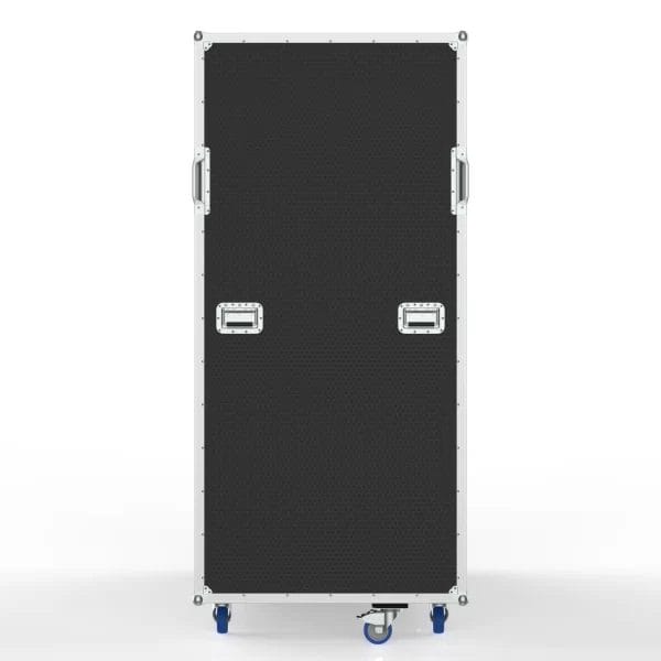 Front view of the large ramp road case designed for oversized percussion equipment with a wheeled stand inside