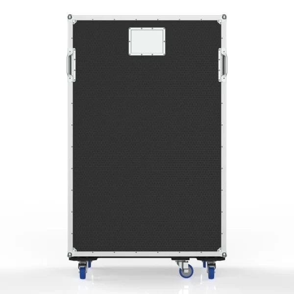 Front view of the large road case showing hinged lid and organized drawer layout