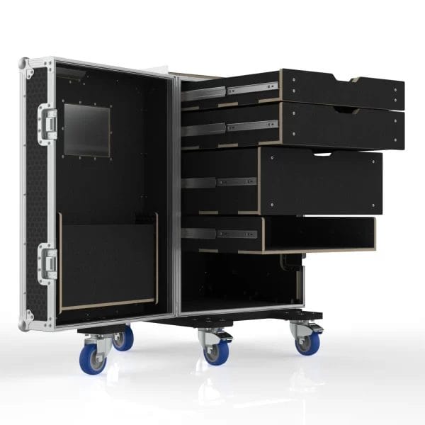 Southwest functional isometric view showing the open case with drawers extended and the interior pocket visible.