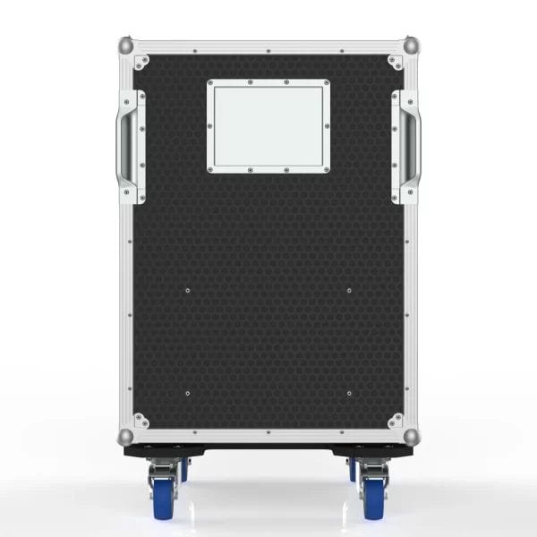 Front view of the closed 4‑drawer utility road case showing its exterior panels, hardware, and front removable lid.