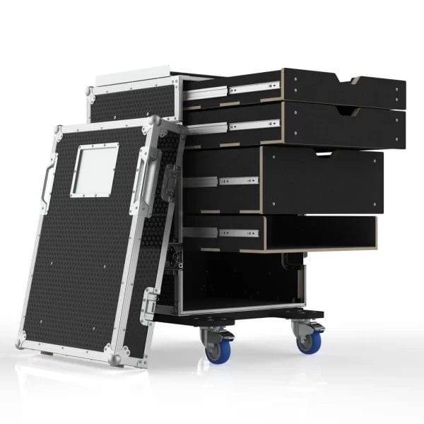 Southwest functional isometric view showing the open case with four drawers extended and bottom storage visible.